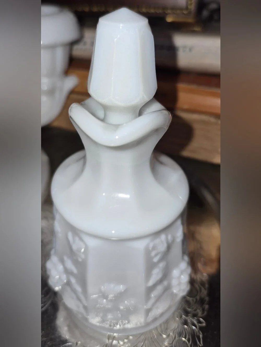 Vintage Westmoreland Paneled Grape Milk Glass Cruet with a matching stopper